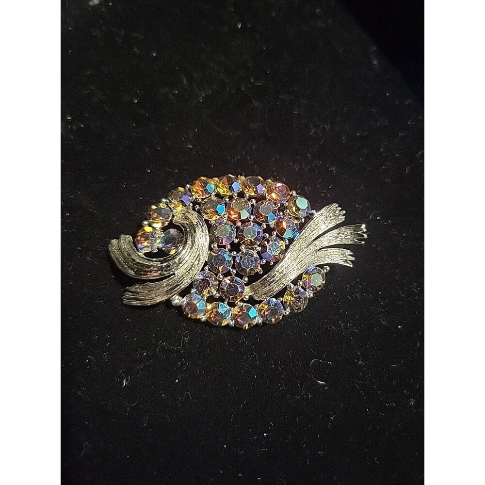 Vintage Signed Lisner AB Aurora Borealis Matte Silvertone Oval Swirl Brooch 2 In